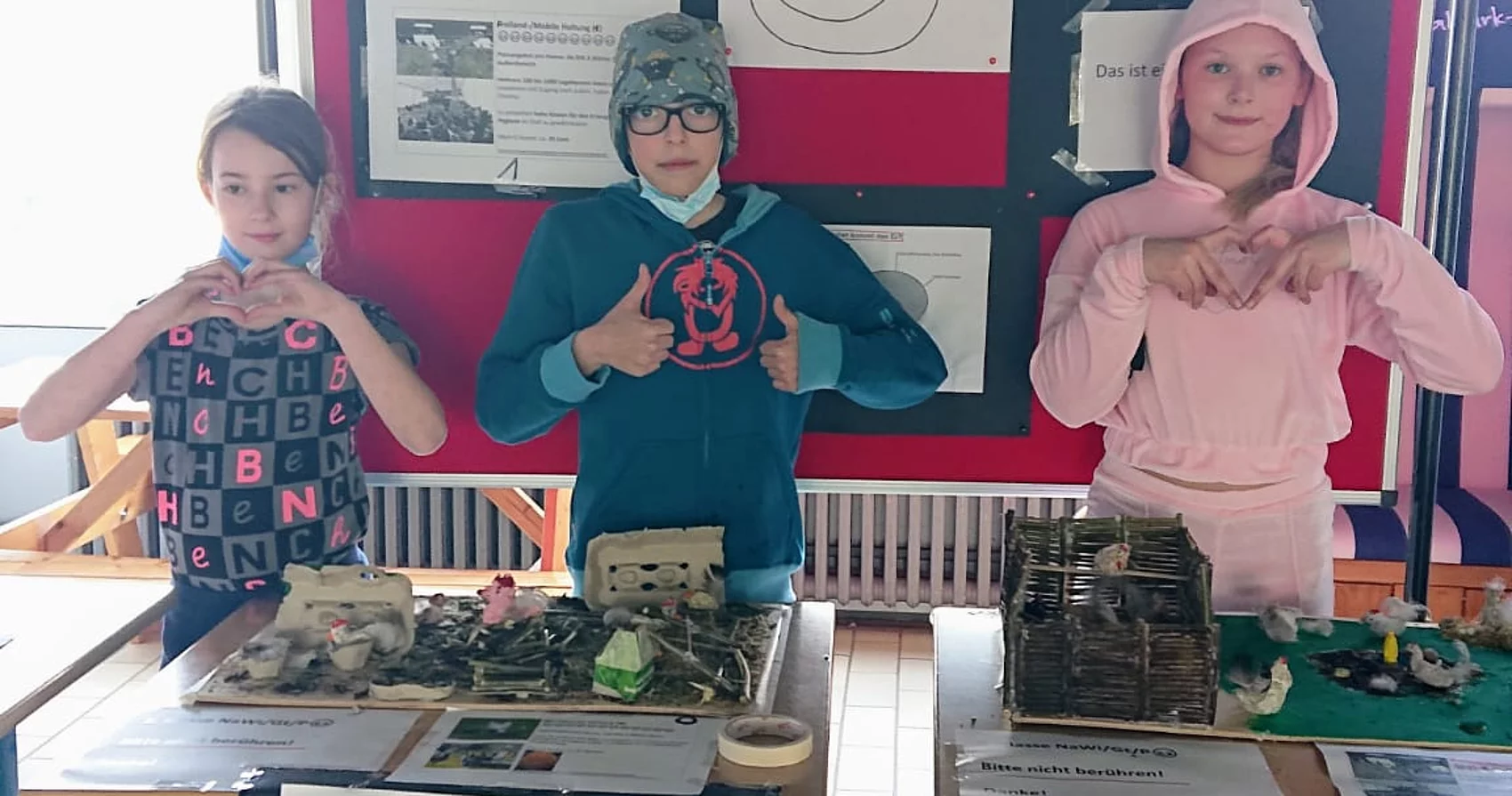 Unterrichtseinheit Nawi: Hühnerhaltung im Vergleich. Basteln einer Ausstellung. Schüler am Stand..