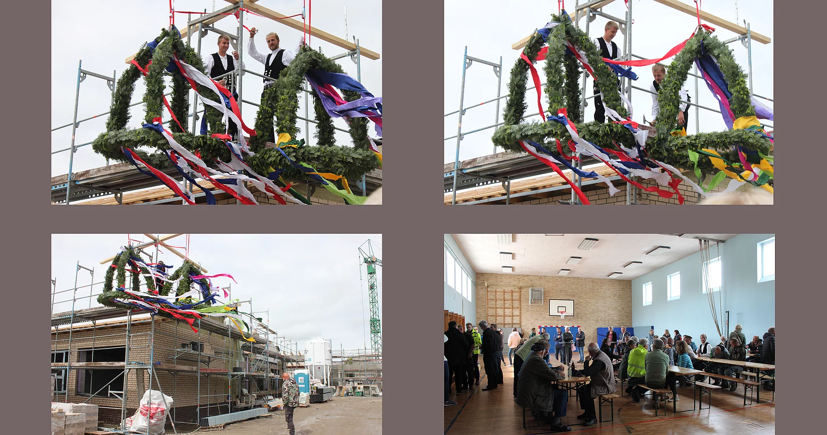 Neubau Grundschule Büsum. Collage mit Fotos von den Bauarbeiten. Richtfest. Richtkrone.