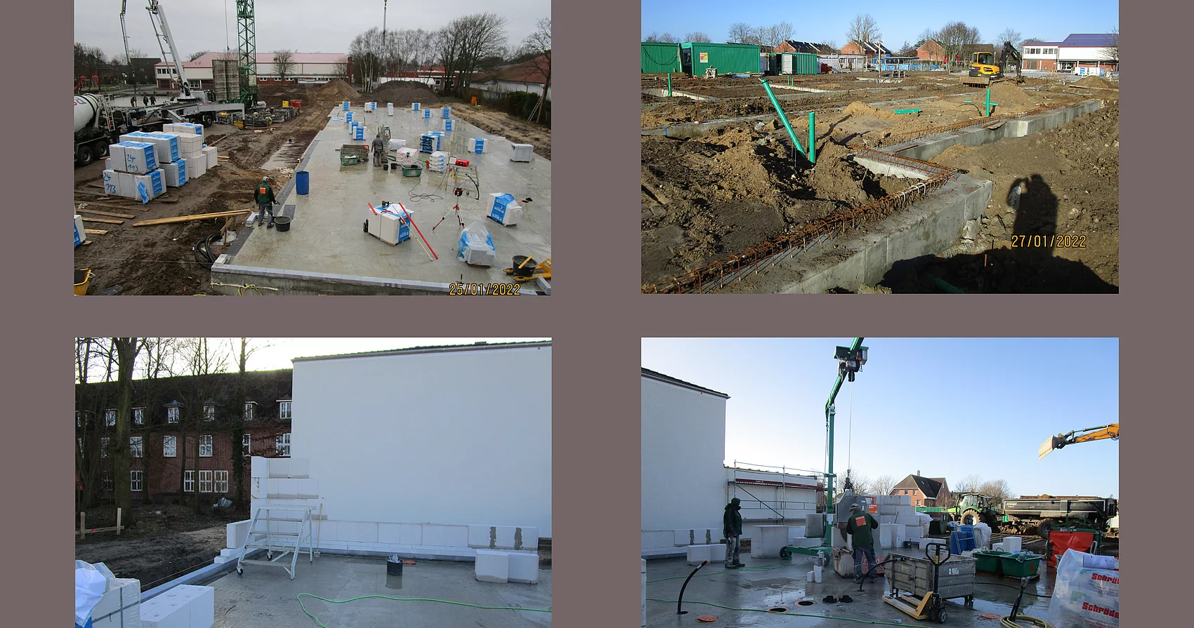 Neubau Grundschule Büsum. Collage mit Fotos von den Bauarbeiten.