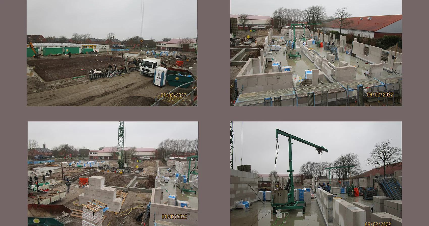 Neubau Grundschule Büsum. Collage mit Fotos von den Bauarbeiten.