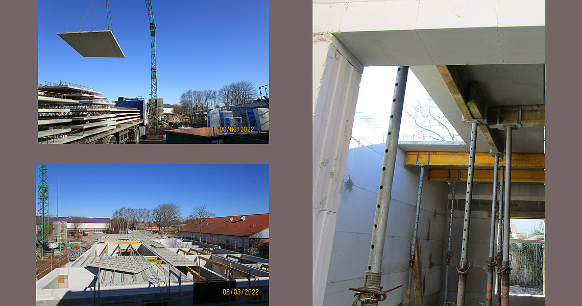 Neubau Grundschule Büsum. Collage mit Fotos von den Bauarbeiten.