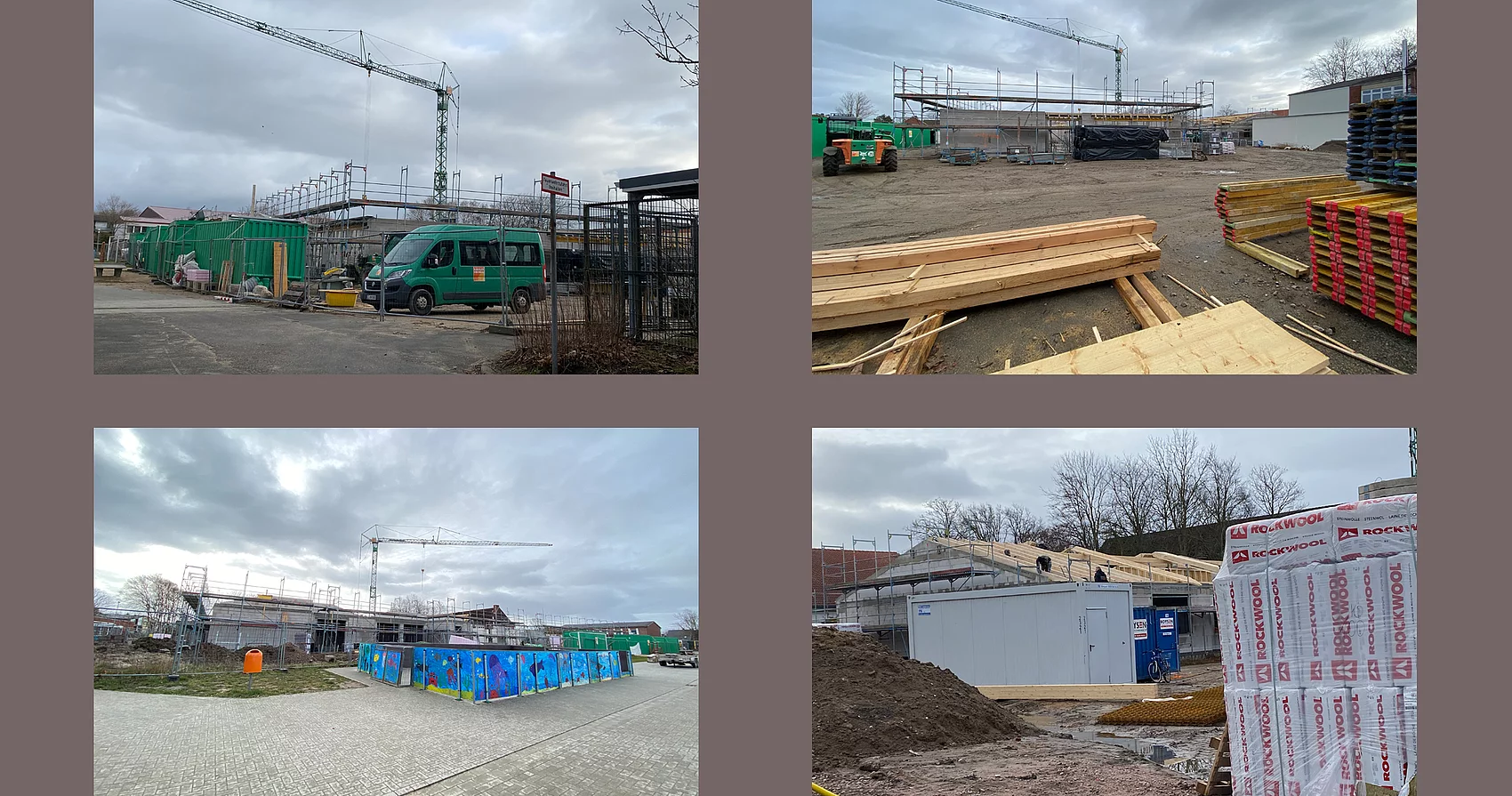 Neubau Grundschule Büsum. Collage mit Fotos von den Bauarbeiten.